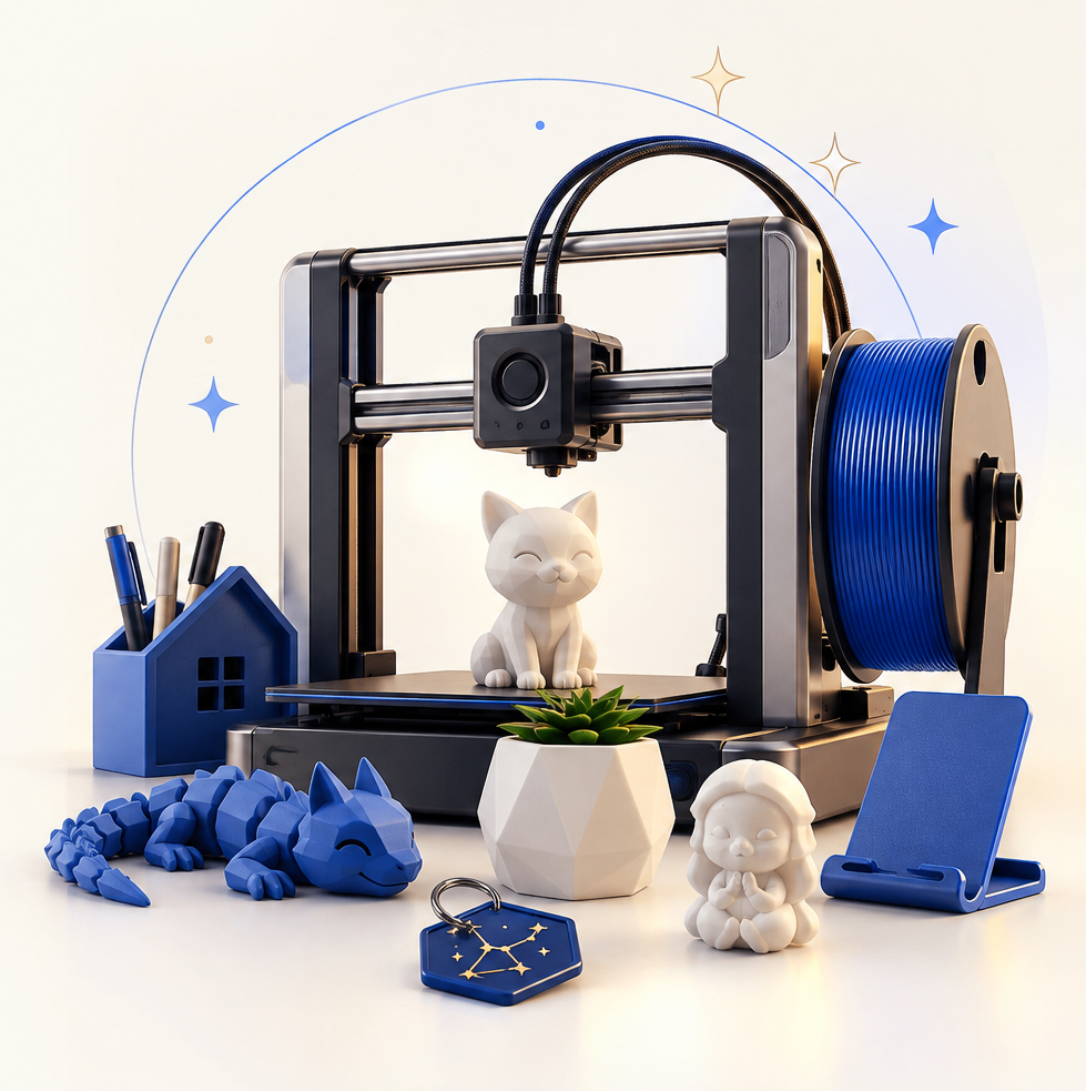 Impressora 3D e exemplos de produtos da Orion Lab